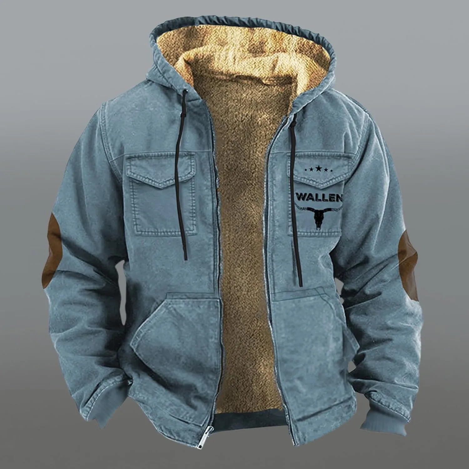 Men'S Winter Coats Plus Thickened Pocket Western Cowboy Printed Hooded Warm Cotton Jacket Fleece Sherpa Lineed