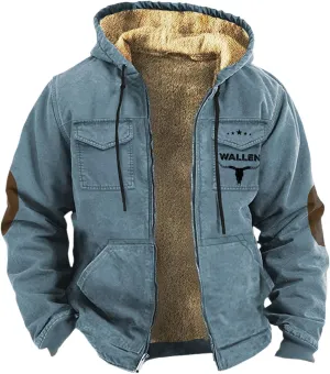 Men'S Winter Coats Plus Thickened Pocket Western Cowboy Printed Hooded Warm Cotton Jacket Fleece Sherpa Lineed