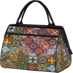 Mexican Folk Tiles Weekender Bags for Women 25L Small Travel Duffel Bag Teen Girl Ornamental Art Overnight Tote Bags Ladies Gym Duffle Carry On Bag