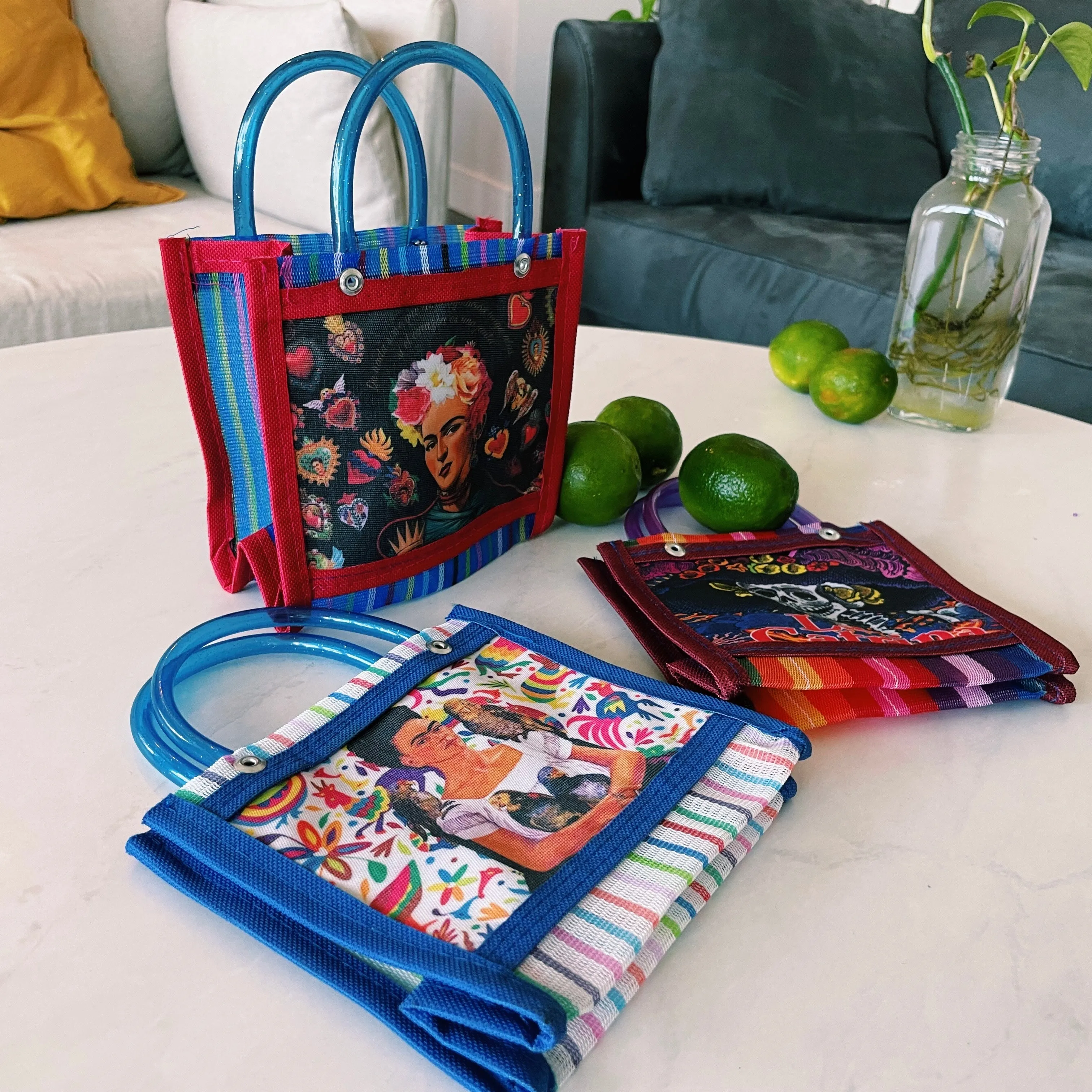 Mexican Frida & Catrina Plastic Tote Purse 6 x 5 in