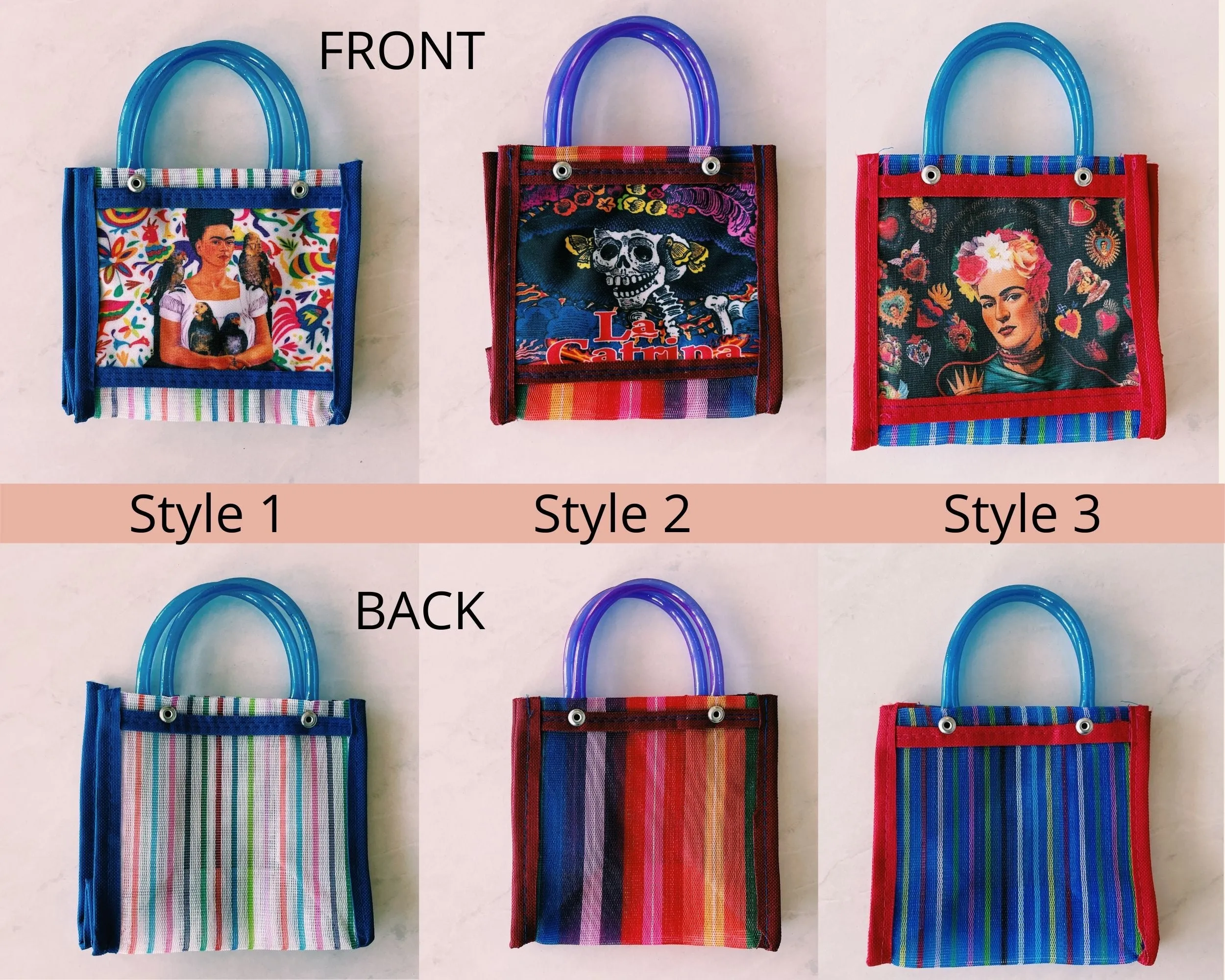Mexican Frida & Catrina Plastic Tote Purse 6 x 5 in
