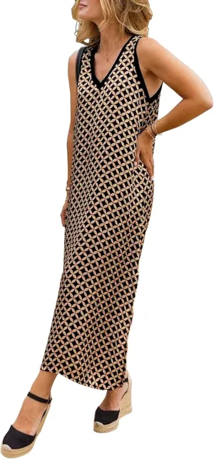miduo Womens Casual Summer V Neck Sleeveless Floral Printed Beach Split Maxi Dress Sundress