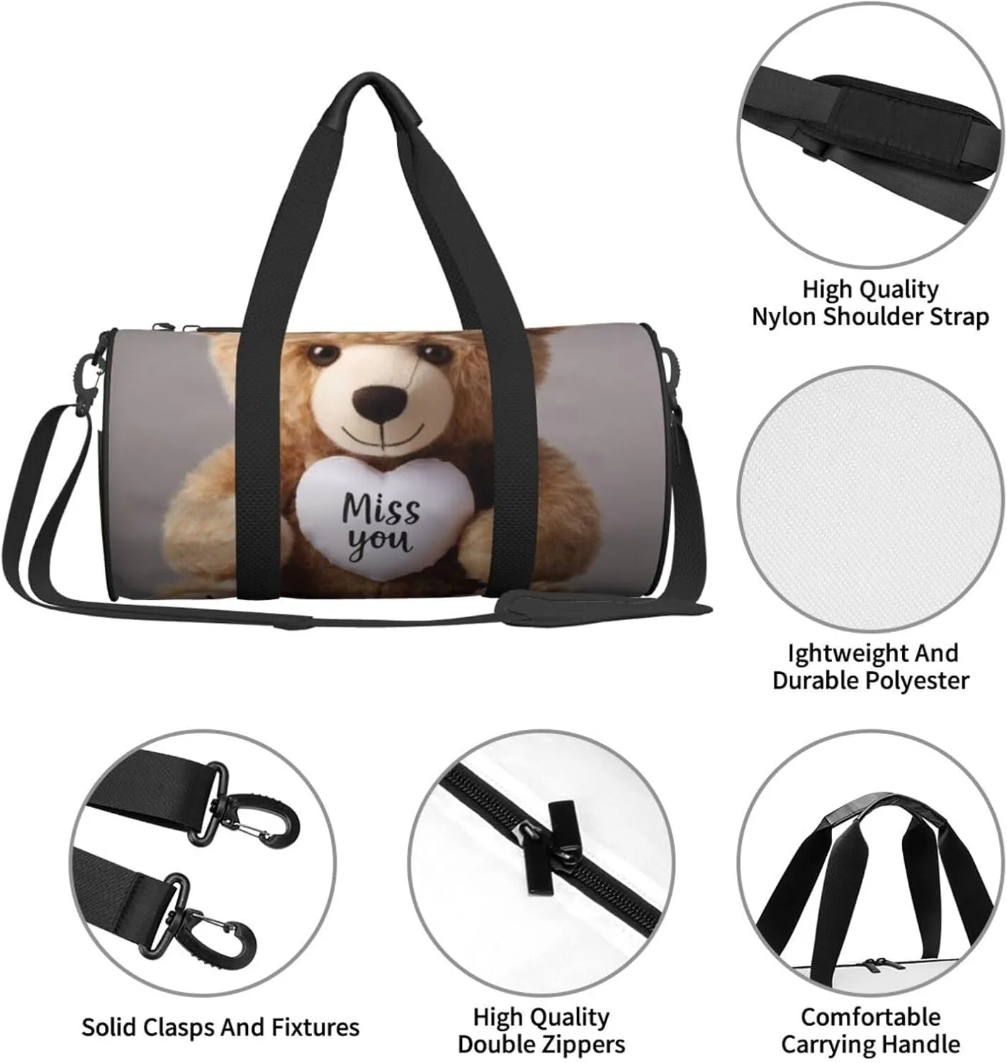 Miss you bear Printed Travel Bag,Round Personal Item Storage bag,Foldie Duffel Bag for Traveling Vacation,Fitness,Sports