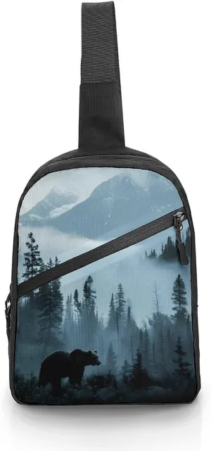 Misty Mountain Forests Animal Bear Sling Backpack Crossbody Shoulder Bag Casual Chest Bag Travel Hiking Daypack