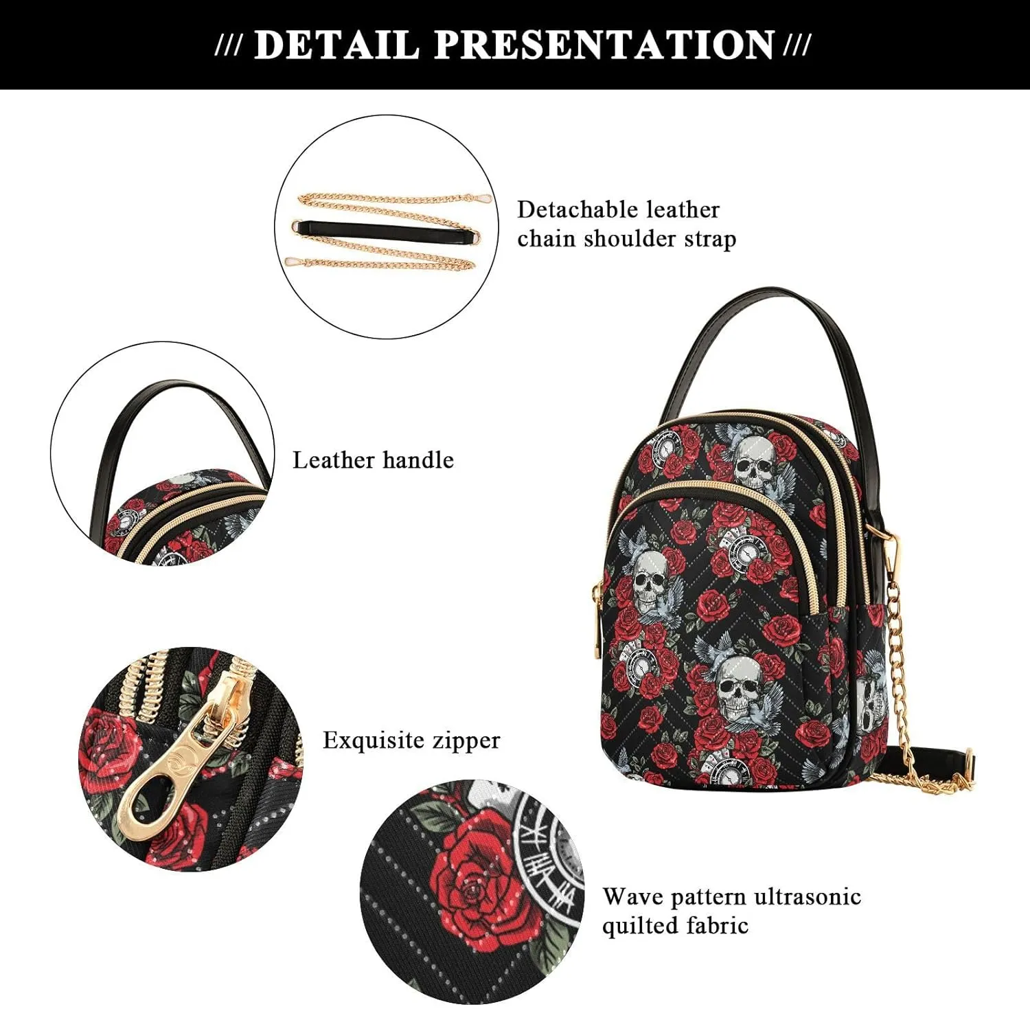 MNSRUU Quilted Crossbody Bags for Women Trendy, Women's Crossbody Handbags Goth Skull Travel Cell Phone Purses Bags