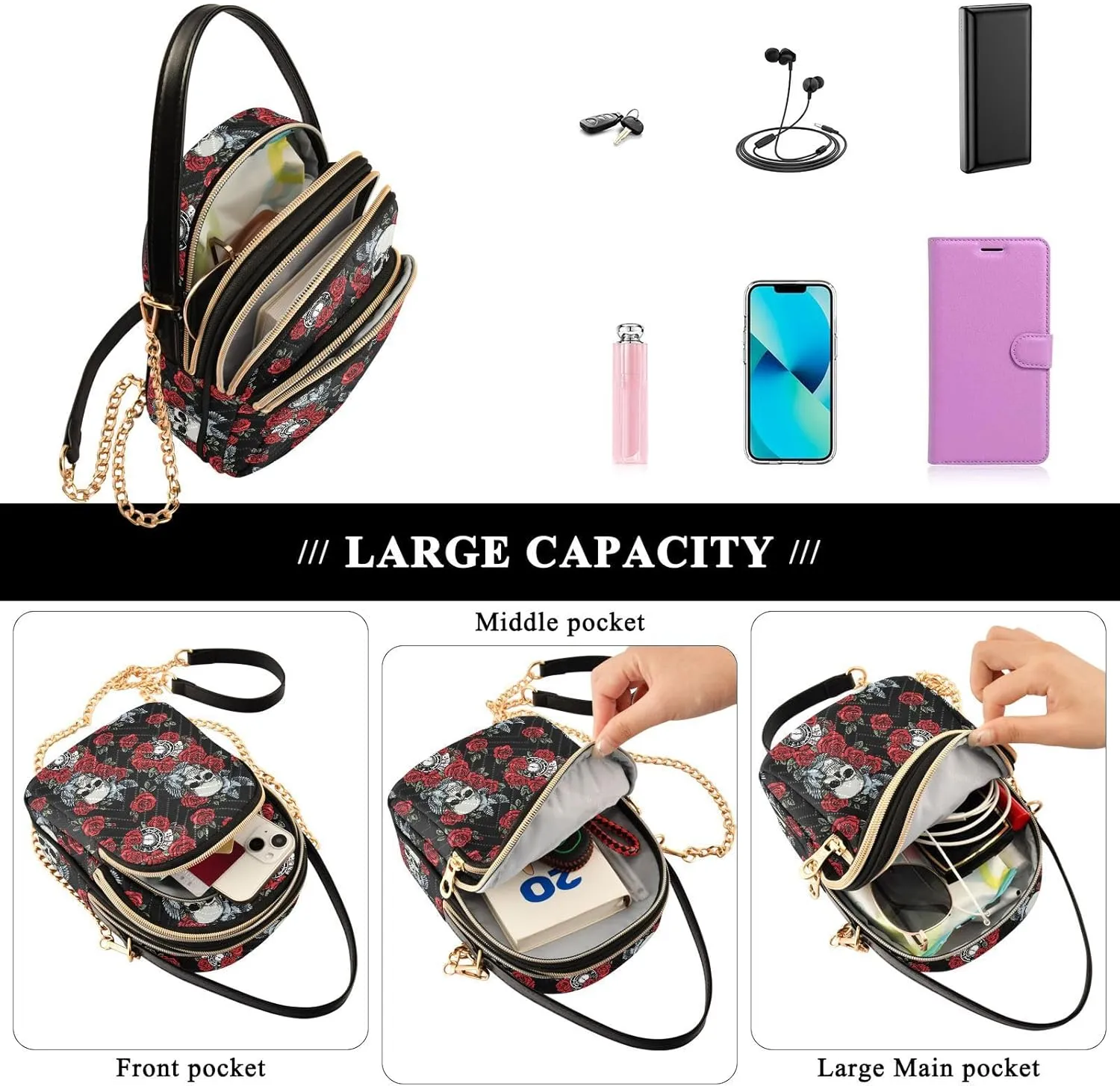 MNSRUU Quilted Crossbody Bags for Women Trendy, Women's Crossbody Handbags Goth Skull Travel Cell Phone Purses Bags