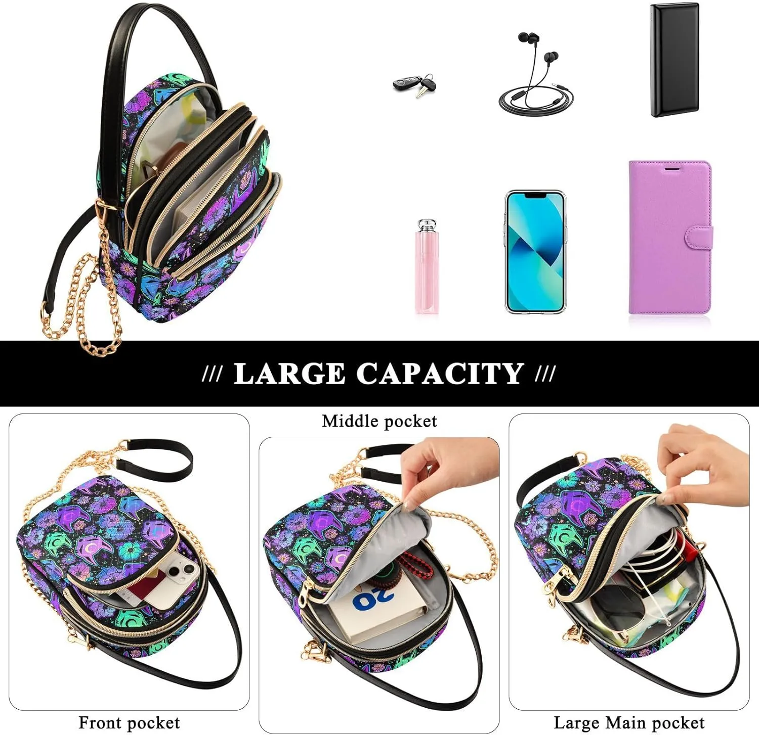 MNSRUU Quilted Crossbody Bags for Women Trendy, Women's Crossbody Handbags Goth Skull Travel Cell Phone Purses Bags