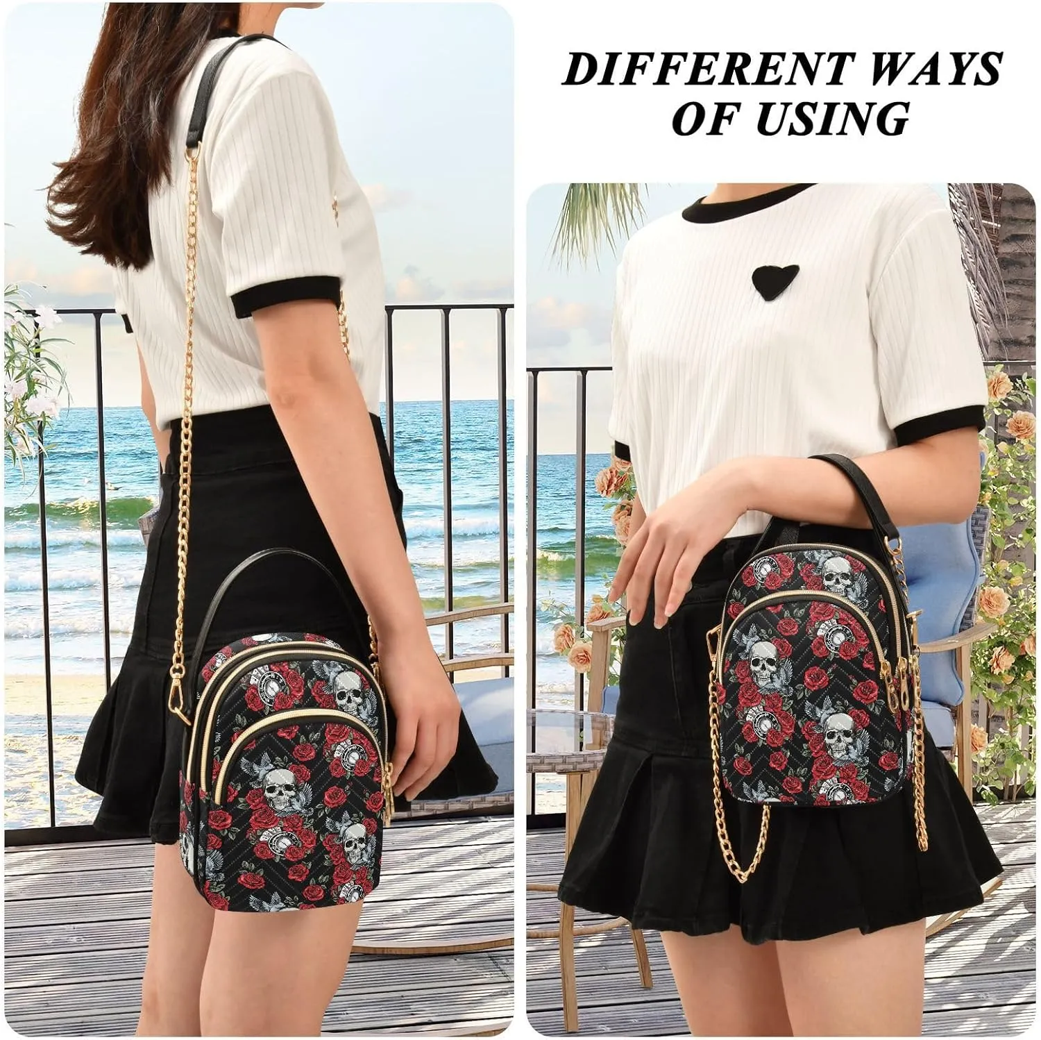 MNSRUU Quilted Crossbody Bags for Women Trendy, Women's Crossbody Handbags Goth Skull Travel Cell Phone Purses Bags