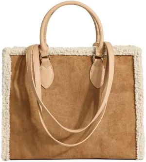 Molodo Large Tote Bag for Women Suede Handbag Fall Winter Furry Shoulder Bag Top Handle Bag with Faux Shearling Trim