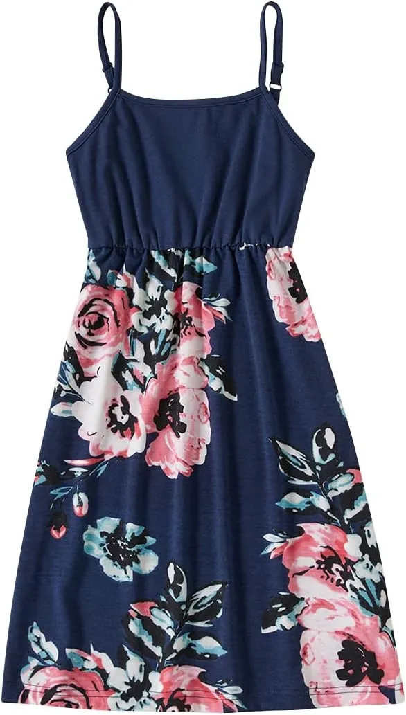Mommy and Me Matching Dresses Floral Ruffled Backless Midi Beach Dress Self-Tied Belt Summer Mom Daughter Matching Outfits