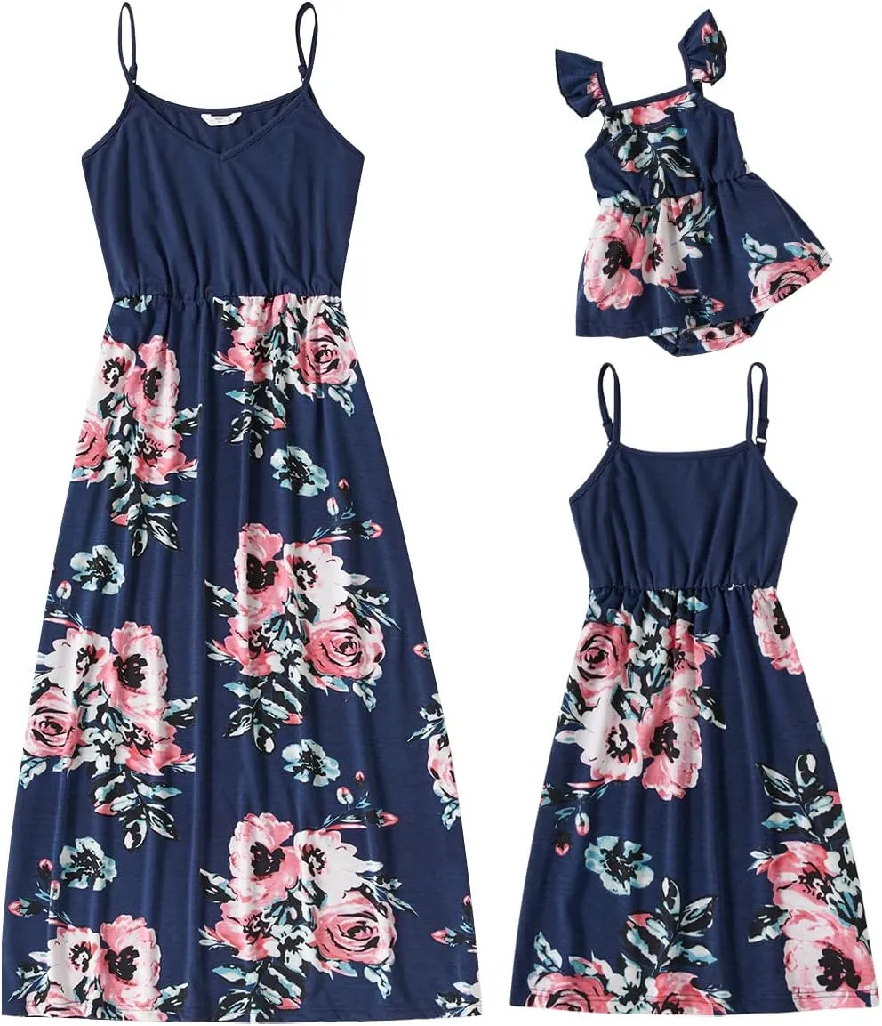 Mommy and Me Matching Dresses Floral Ruffled Backless Midi Beach Dress Self-Tied Belt Summer Mom Daughter Matching Outfits