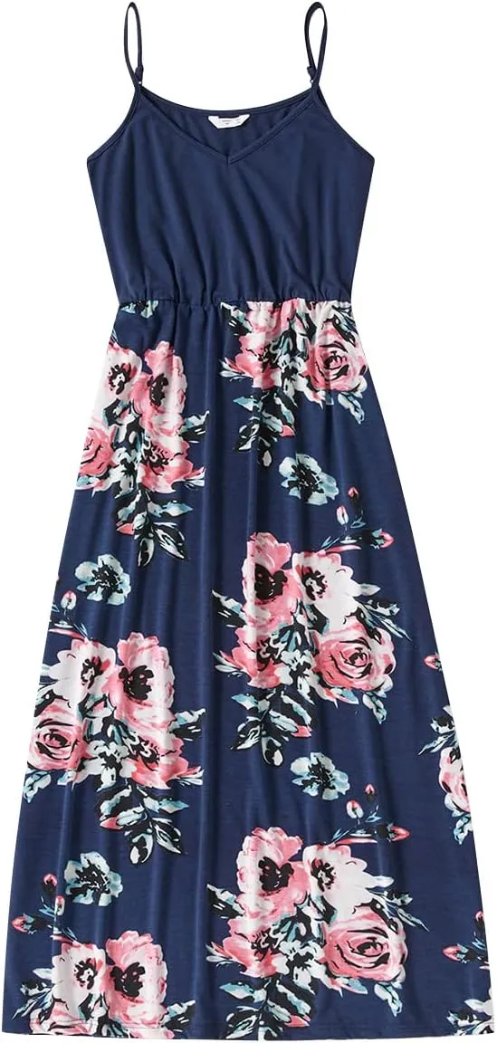 Mommy and Me Matching Dresses Floral Ruffled Backless Midi Beach Dress Self-Tied Belt Summer Mom Daughter Matching Outfits