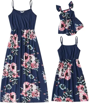 Mommy and Me Matching Dresses Floral Ruffled Backless Midi Beach Dress Self-Tied Belt Summer Mom Daughter Matching Outfits