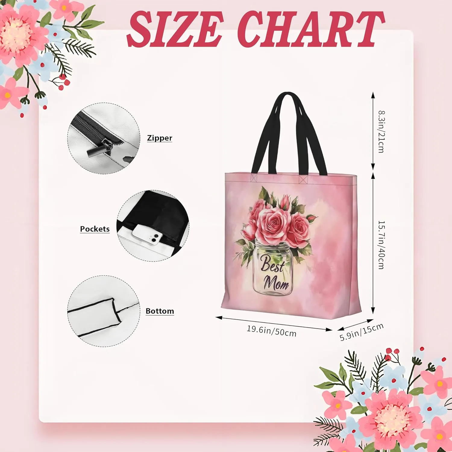 Mothers Day Tote Bag With Zipper Women Mom Bags Large Mama tote bag Reusable With Handles Mother Gifts