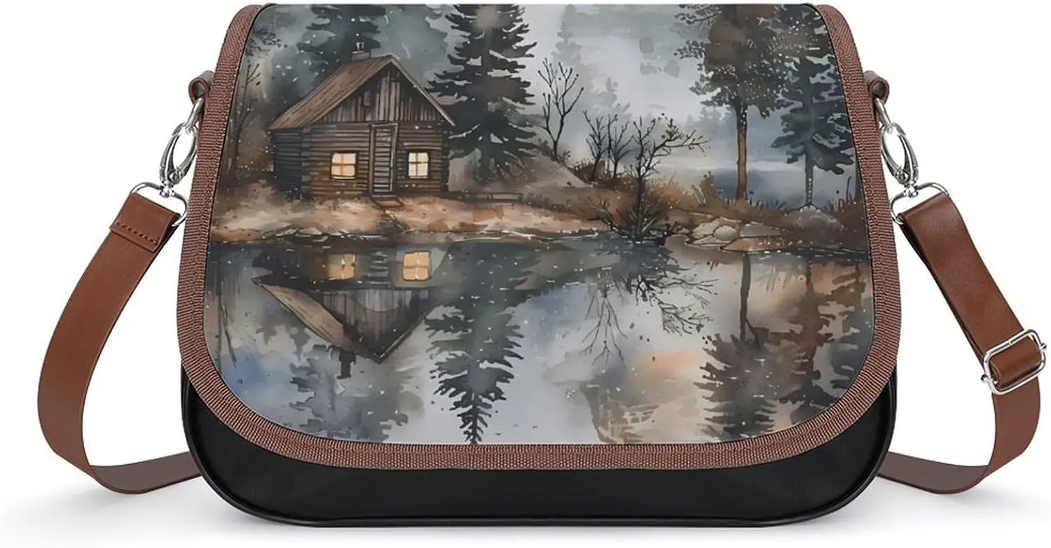 Mountain Hut by The Lake Leather Crossbody Bags for Women Travel Shoulder Backpack Messenger Bag Adjustable Shoulder Strap