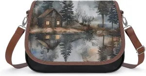 Mountain Hut by The Lake Leather Crossbody Bags for Women Travel Shoulder Backpack Messenger Bag Adjustable Shoulder Strap