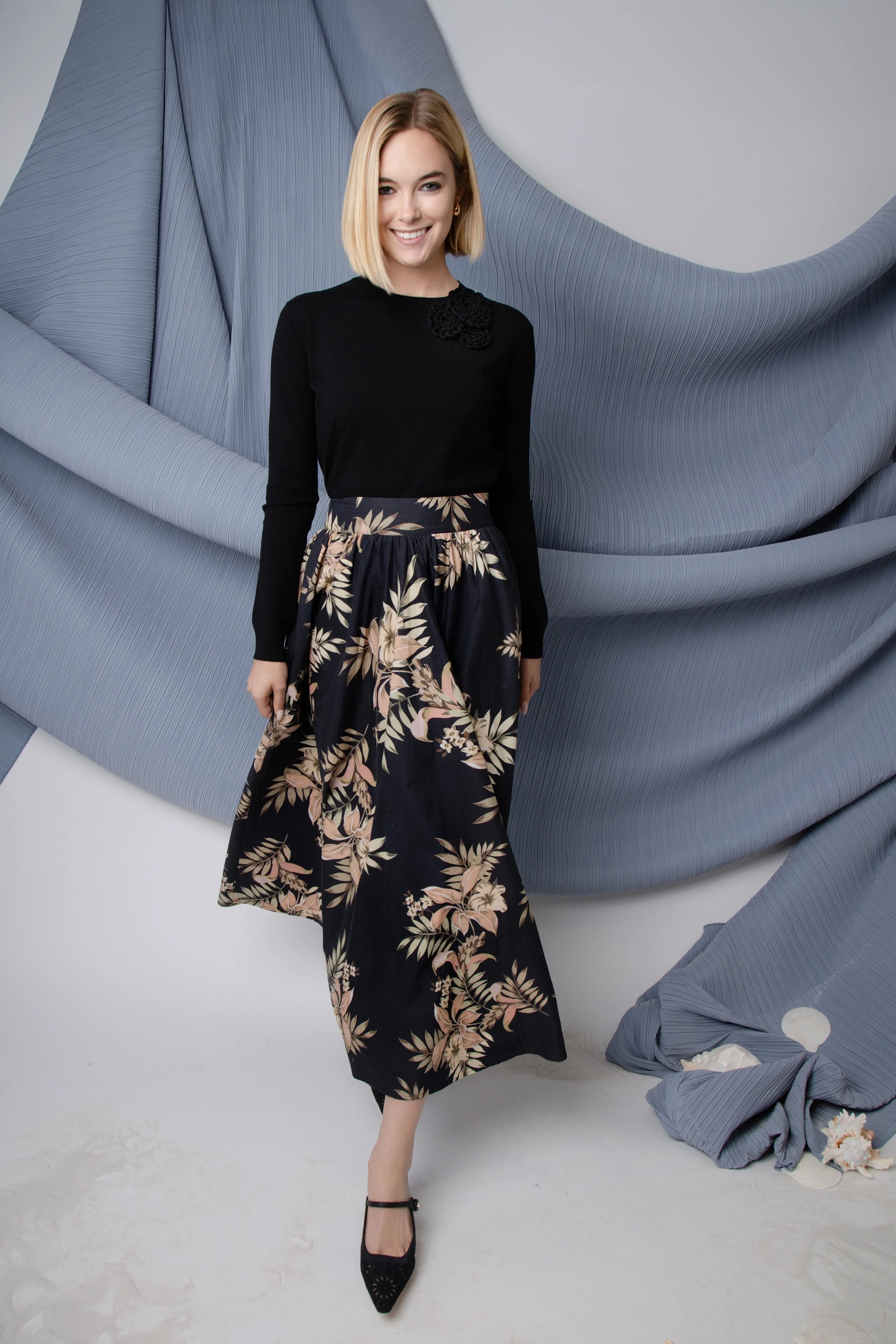 MUN Black Floral Printed Sienna 36" Skirt