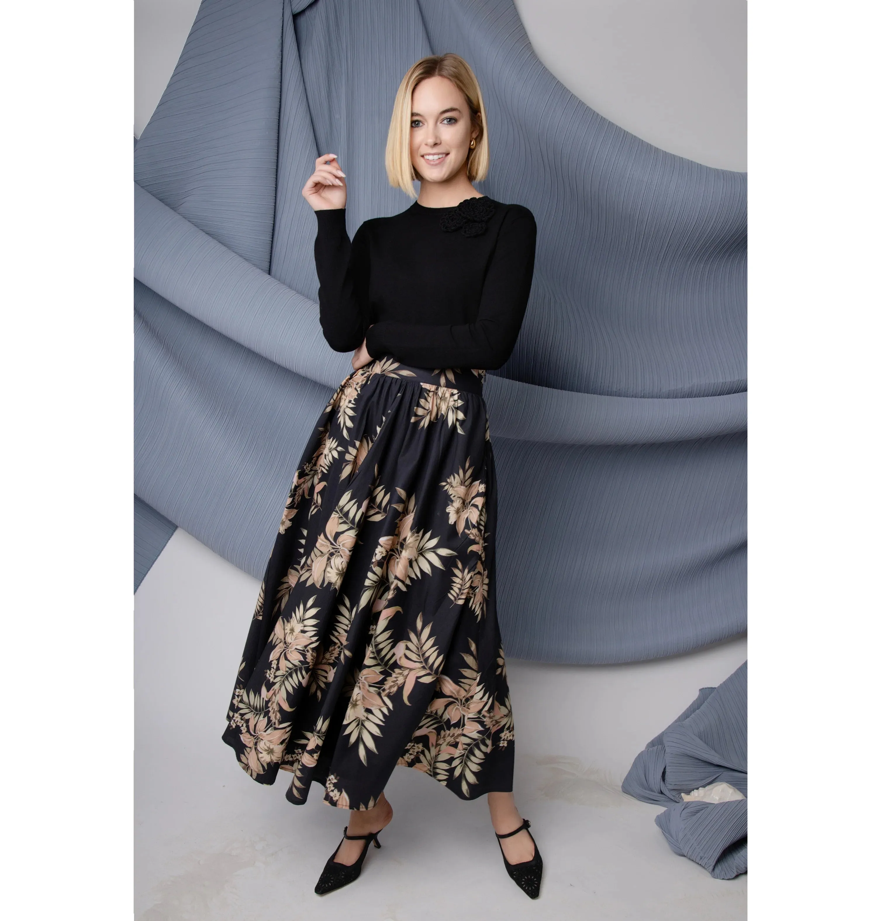 MUN Black Floral Printed Sienna 36" Skirt