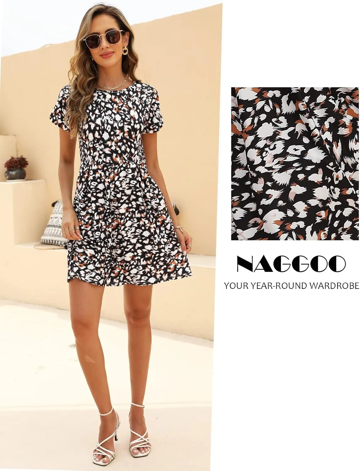 Naggoo Womens Summer Striped Short Sleeve T-Shirt Dresses Casual Swing Aline Dresses with Pocket