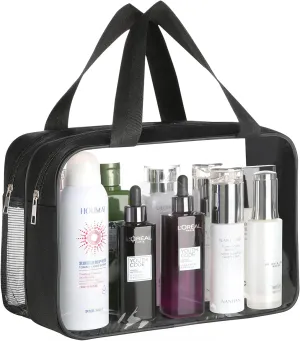 NATURAL STYLE Clear Cosmetic Makeup Bag Toiletry Bag, Large Waterproof Transparent Clear Travel Bag for Toiletries, Transparent PVC Zipper Tote Bag (Black)