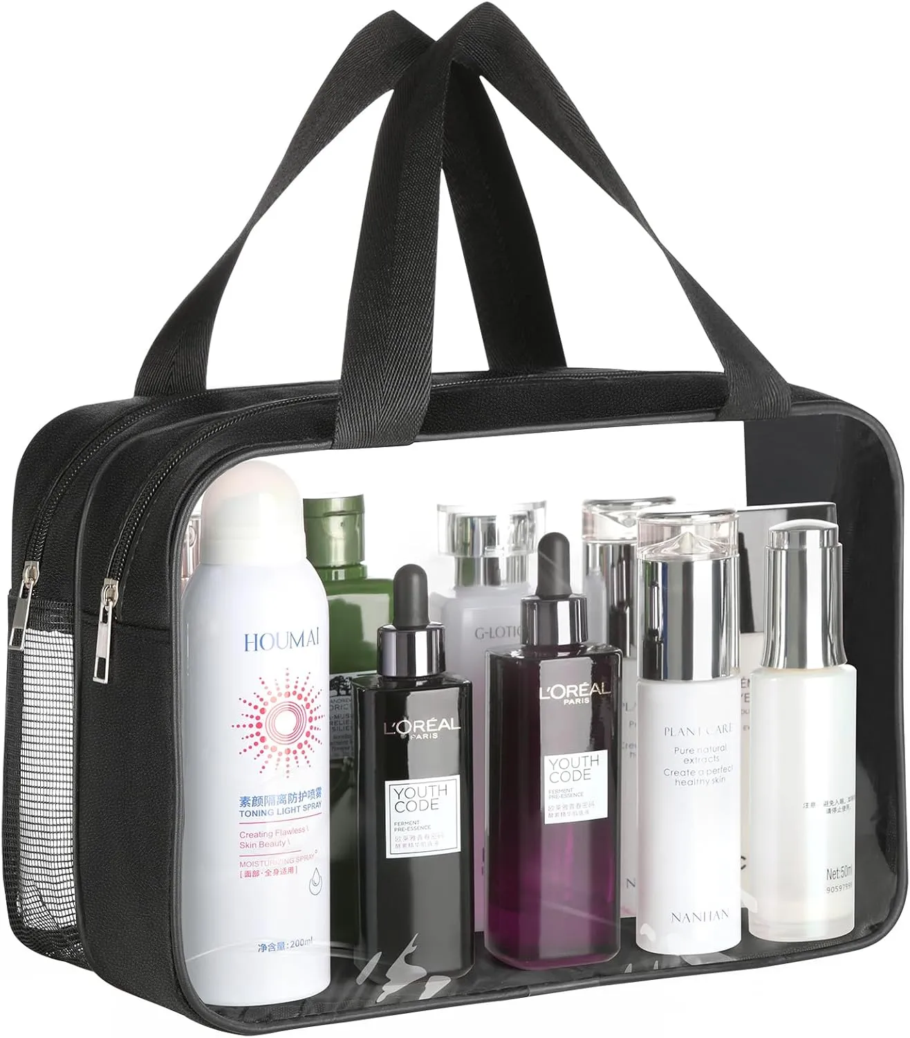 NATURAL STYLE Clear Cosmetic Makeup Bag Toiletry Bag, Large Waterproof Transparent Clear Travel Bag for Toiletries, Transparent PVC Zipper Tote Bag (Black)