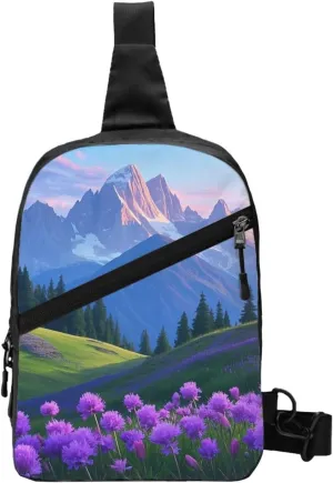 Nature Purple Flowers Meadow Mountain Scenic Printed men's and women's foldable crossbody bags, sports crossbody bags, perfect fashion combination