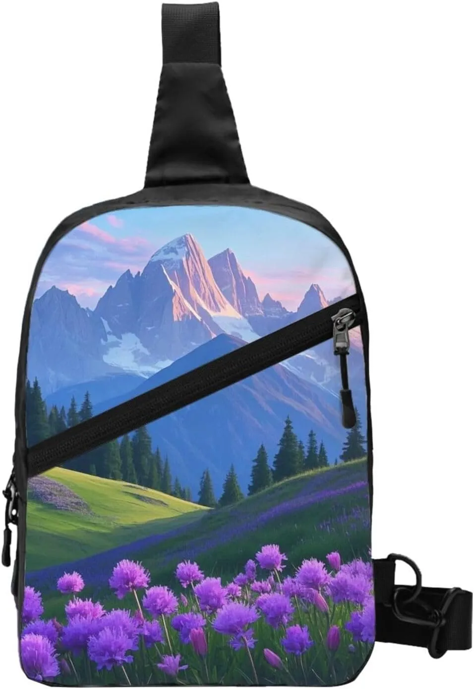 Nature Purple Flowers Meadow Mountain Scenic Printed men's and women's foldable crossbody bags, sports crossbody bags, perfect fashion combination