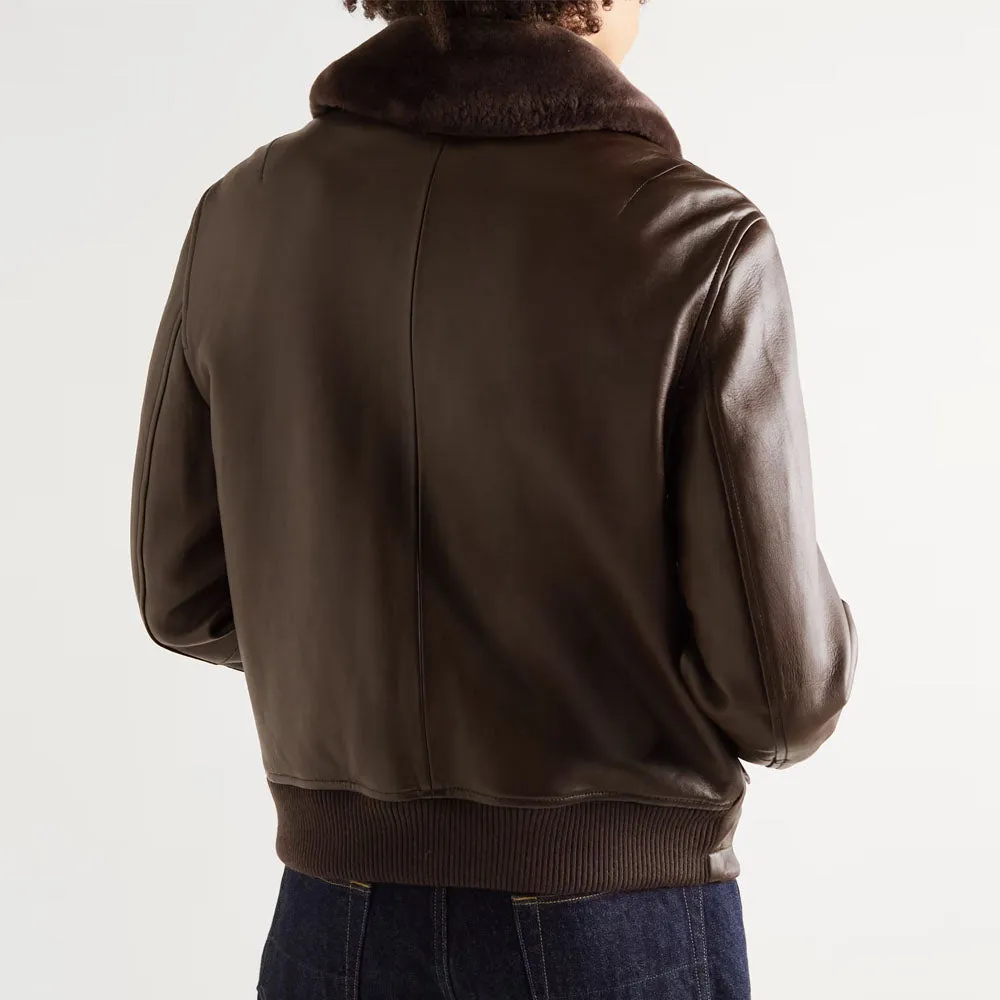 New Brown Sheepskin B3 Flying Aviator Slim-Fit Shearling Trimmed Leather Jacket