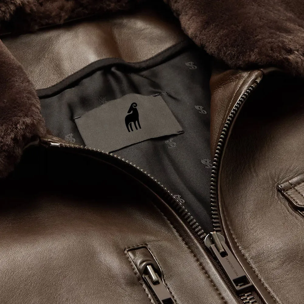 New Brown Sheepskin B3 Flying Aviator Slim-Fit Shearling Trimmed Leather Jacket