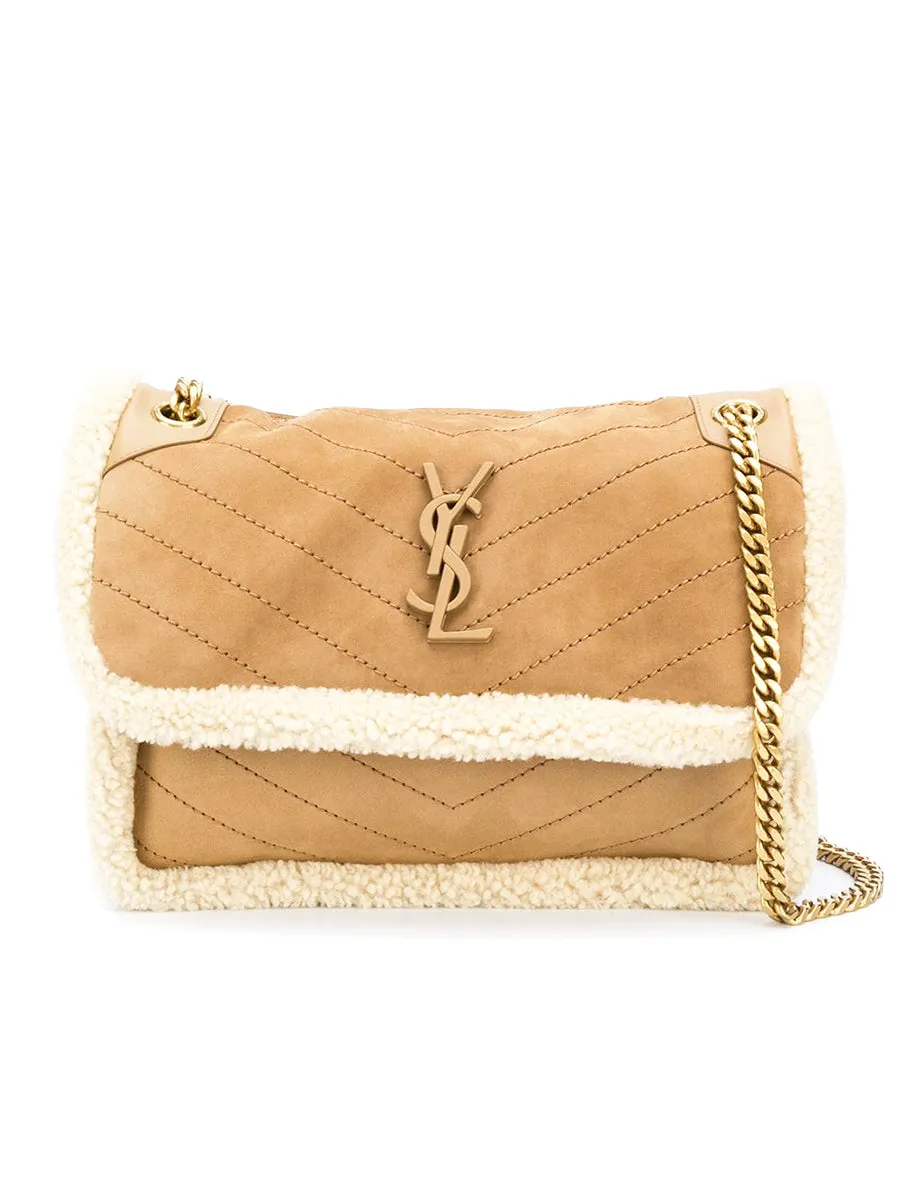 Niki Medium in Quilted Crinkled Leather and Shearling