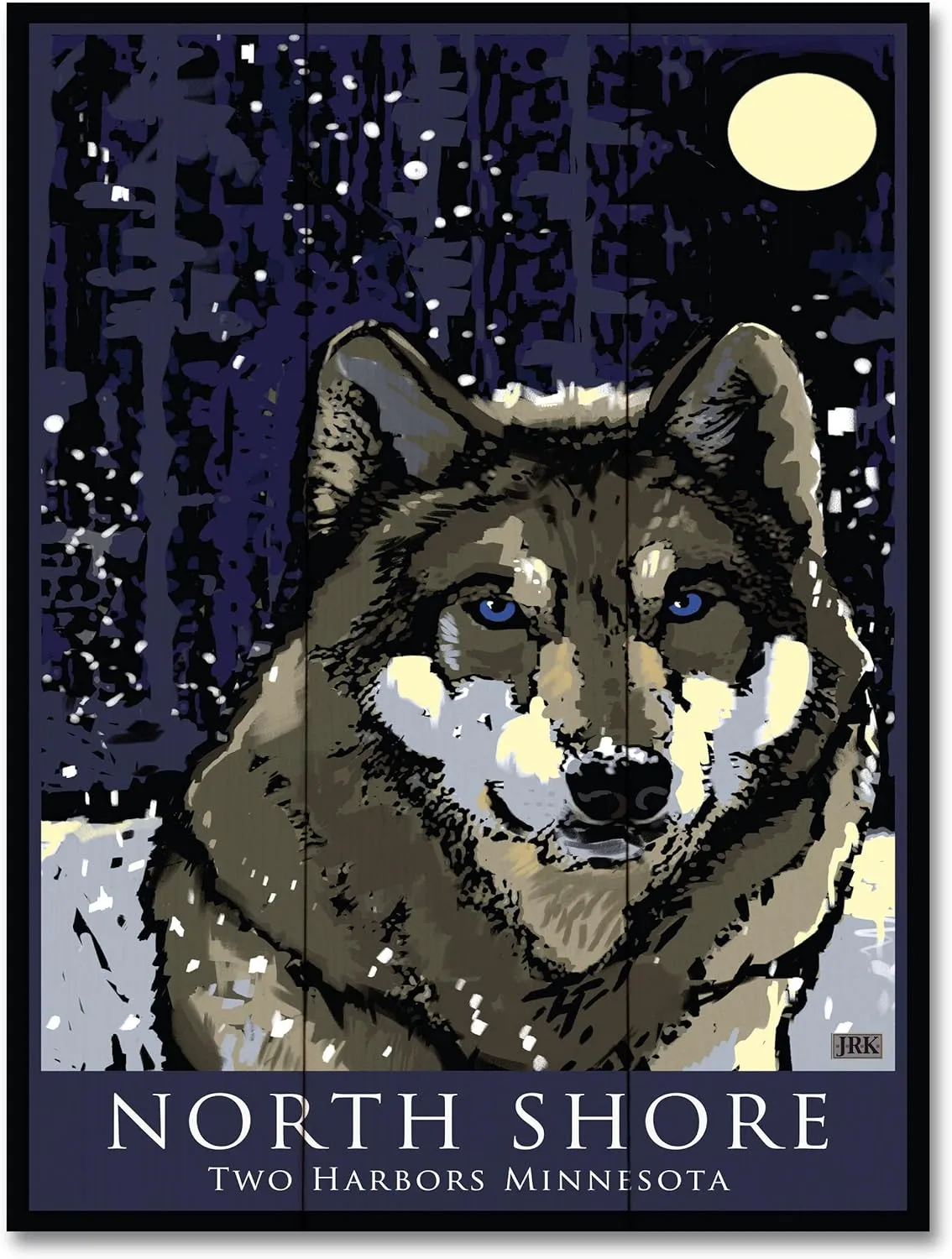 North Shore Two Harbors Minnesota Timber Wolf Wood Art Print from Illustration by Artist Joanne Kollman 18" x 24"