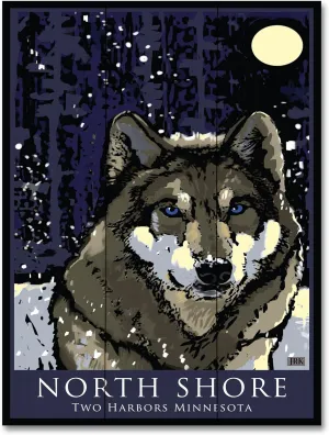 North Shore Two Harbors Minnesota Timber Wolf Wood Art Print from Illustration by Artist Joanne Kollman 18" x 24"