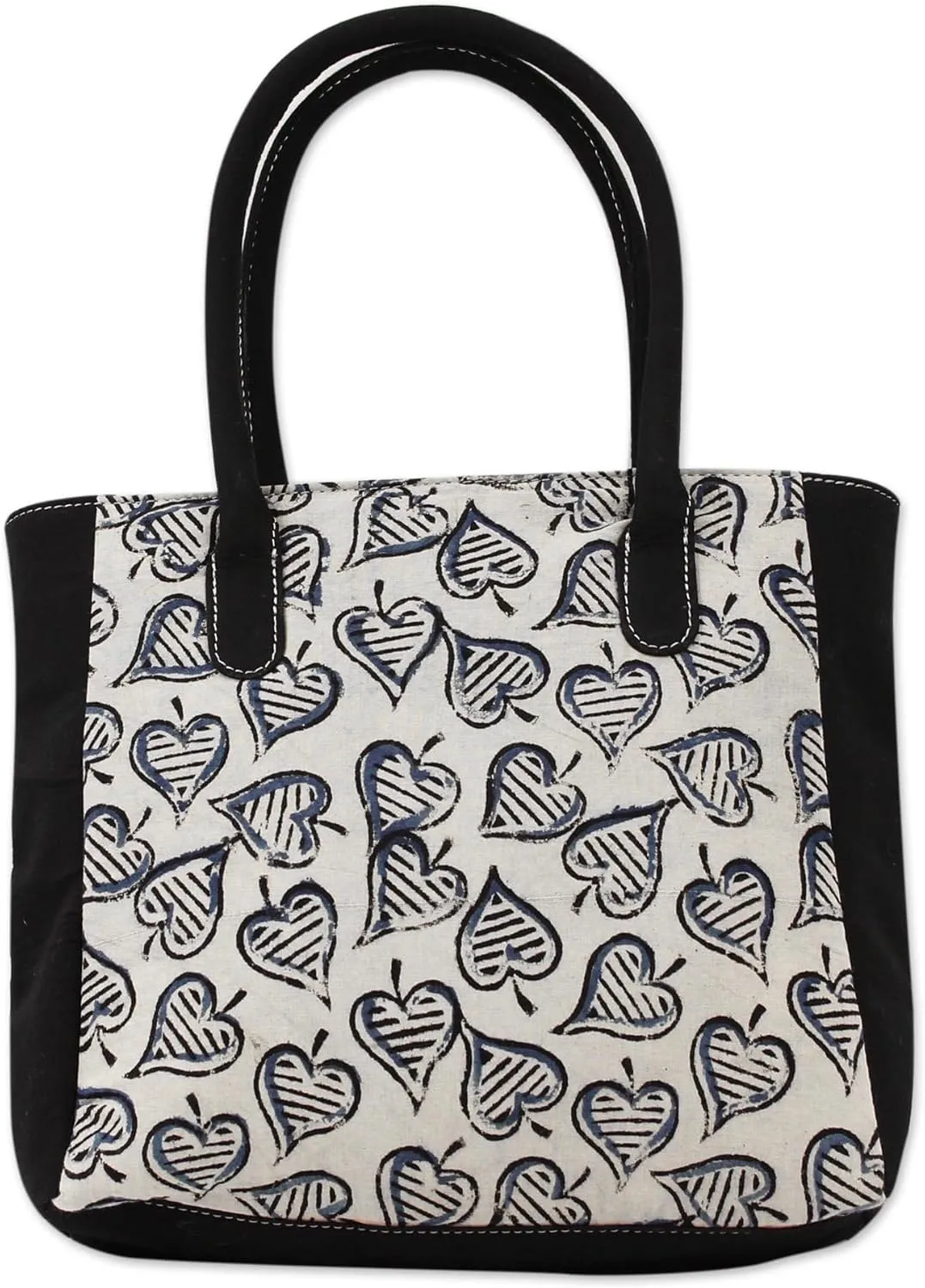NOVICA Artisan Handmade Cotton Tote Bag with Block Printed Leaves from India Handbags Black White Patterned Leaf Tree ' Windswept'