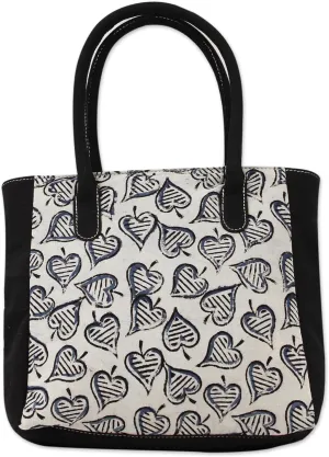 NOVICA Artisan Handmade Cotton Tote Bag with Block Printed Leaves from India Handbags Black White Patterned Leaf Tree ' Windswept'