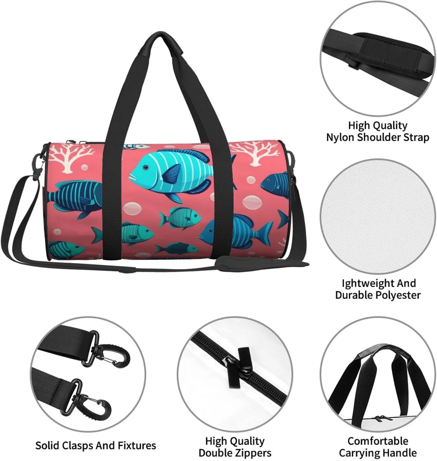 Ocean Fishes Printed Travel Bag,Round Personal Item Storage bag,Foldie Duffel Bag for Traveling Vacation,Fitness,Sports