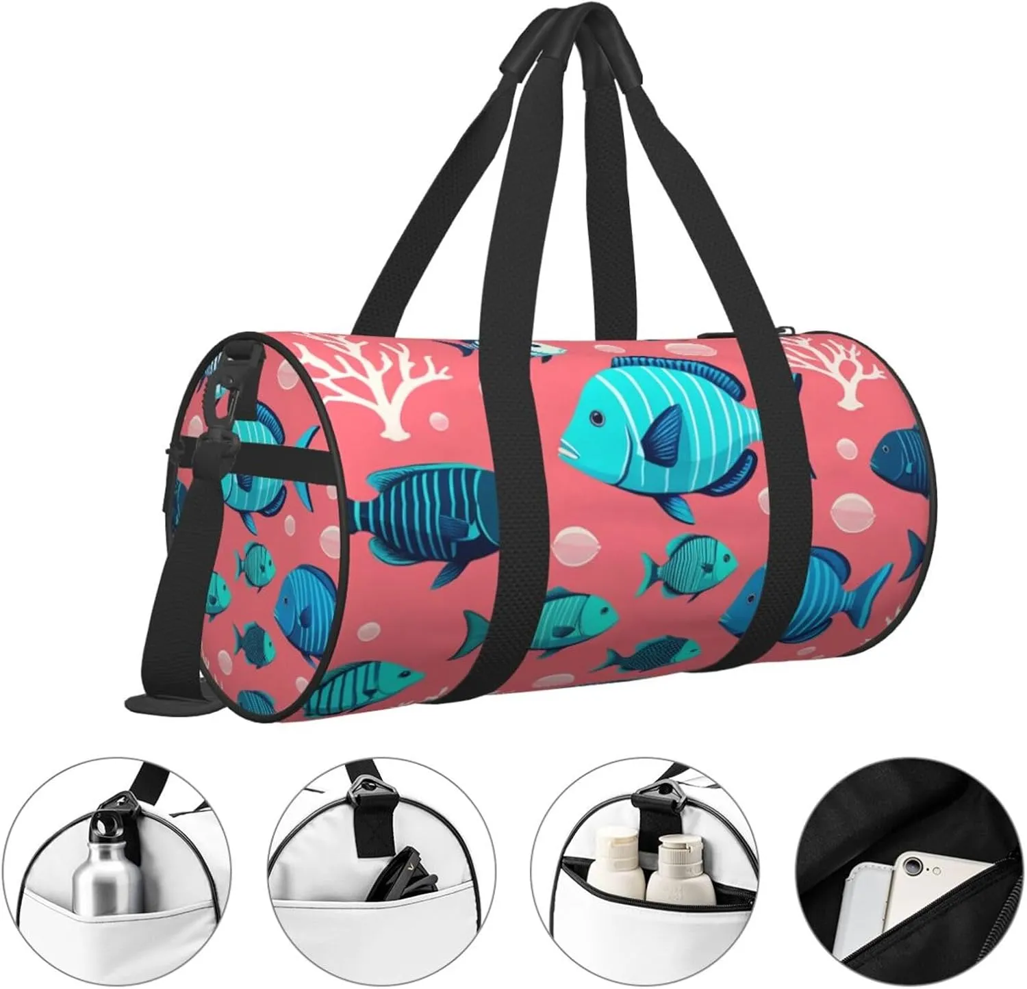 Ocean Fishes Printed Travel Bag,Round Personal Item Storage bag,Foldie Duffel Bag for Traveling Vacation,Fitness,Sports