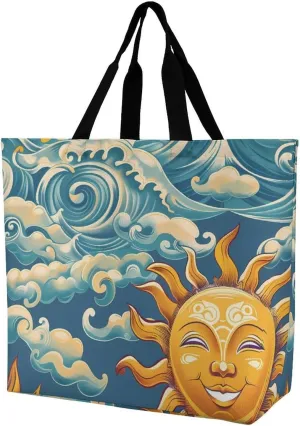 Ocean Sunrise Faces Reusable Shopping Bag with Shoulder Straps Portable Collapsible Grocery Tote Bags