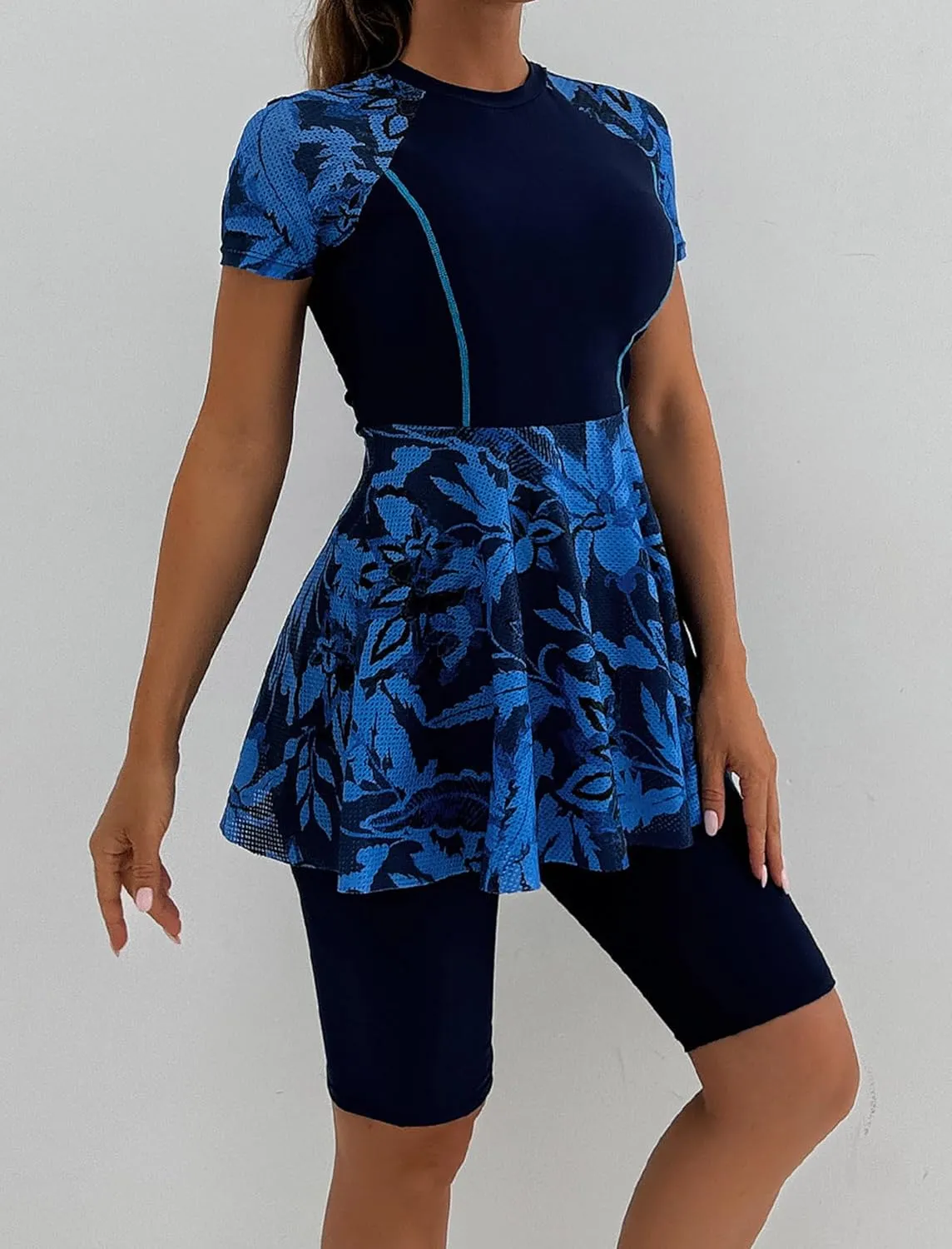 ODIZLI Womens Modest Swimsuit Short Sleeve Floral Print Swim Dress with Boyshorts Bathing Suit UPF 50 