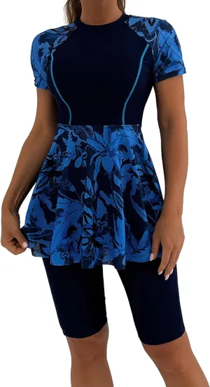 ODIZLI Womens Modest Swimsuit Short Sleeve Floral Print Swim Dress with Boyshorts Bathing Suit UPF 50 