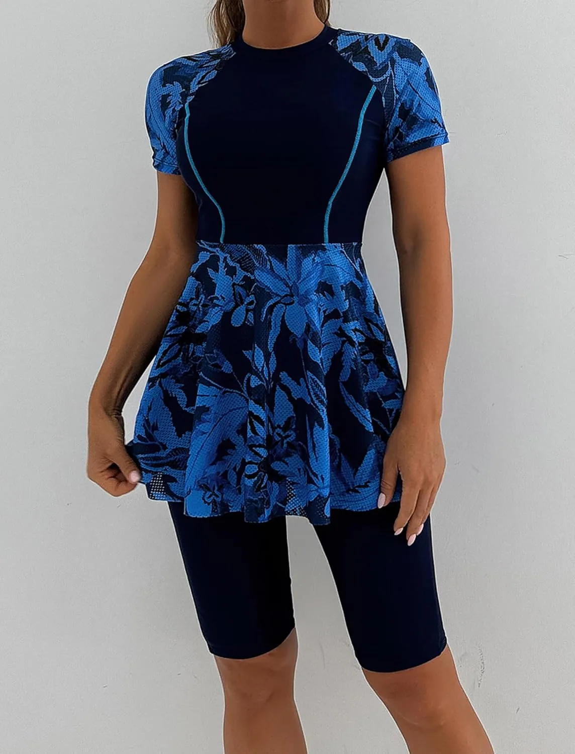 ODIZLI Womens Modest Swimsuit Short Sleeve Floral Print Swim Dress with Boyshorts Bathing Suit UPF 50 