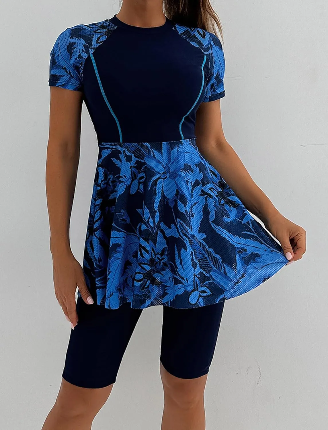 ODIZLI Womens Modest Swimsuit Short Sleeve Floral Print Swim Dress with Boyshorts Bathing Suit UPF 50 