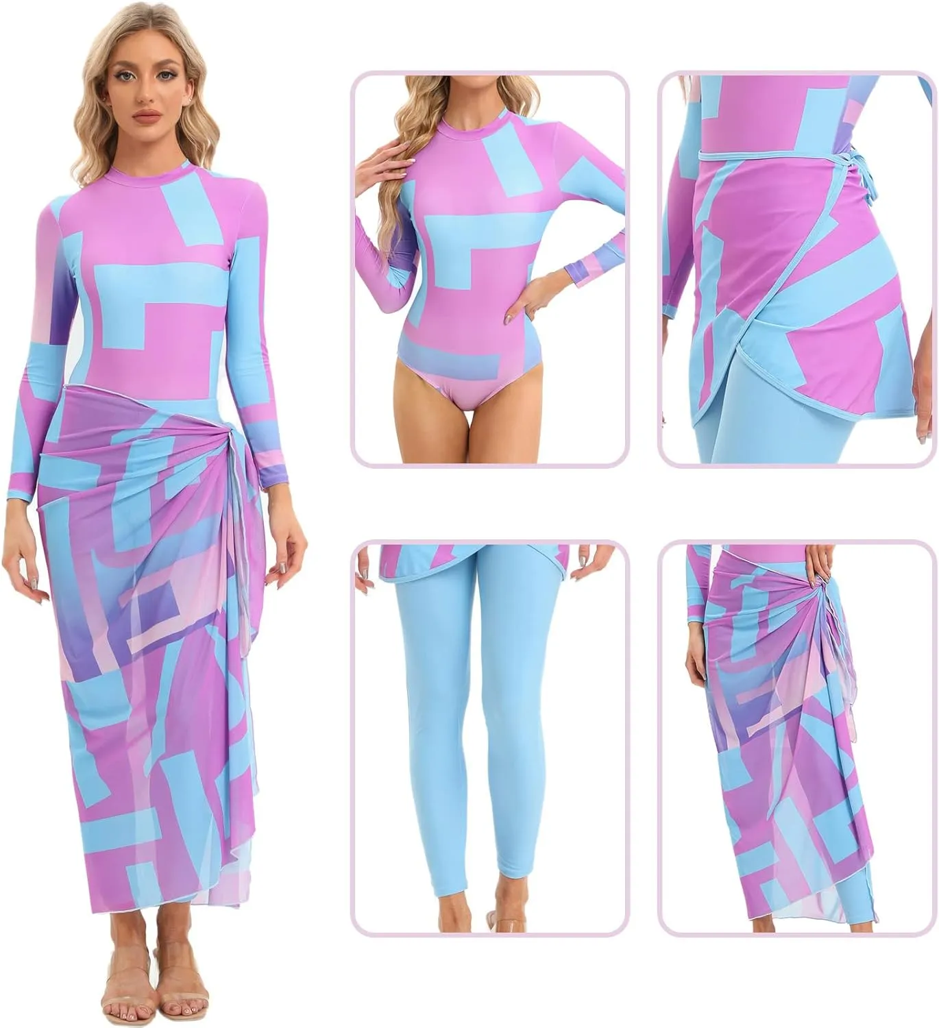 ODIZLI Womens Muslim Swimsuits Rash Guard Long Sleeve Swim One Pieces Pants   Wraps Skirts or   Long Sarong Bathing Suit