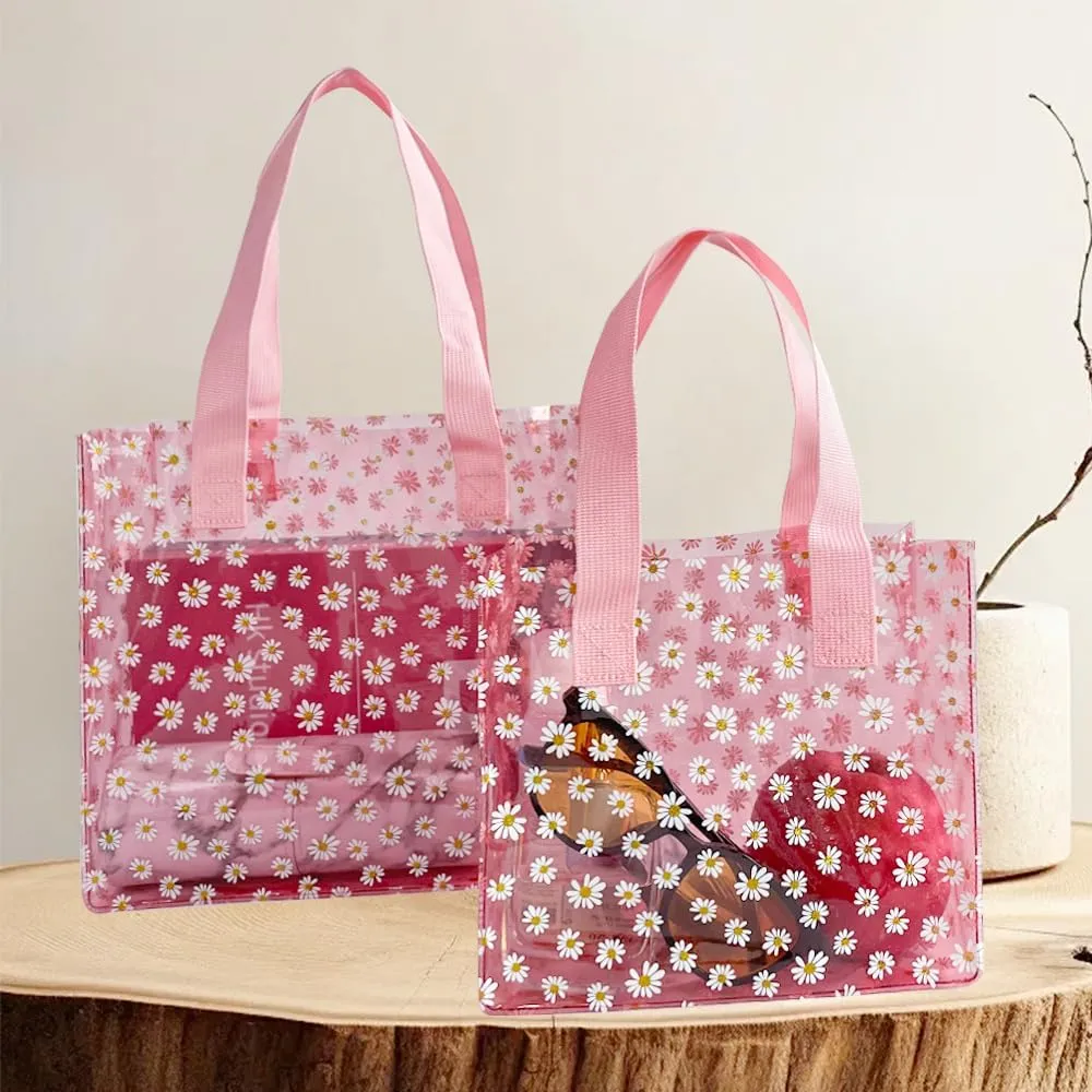 ONEART Daisy Flower PVC Tote Bag, Small Clear PVC Handbag for Beach Vacation Shopping, Waterproof Purse Bag