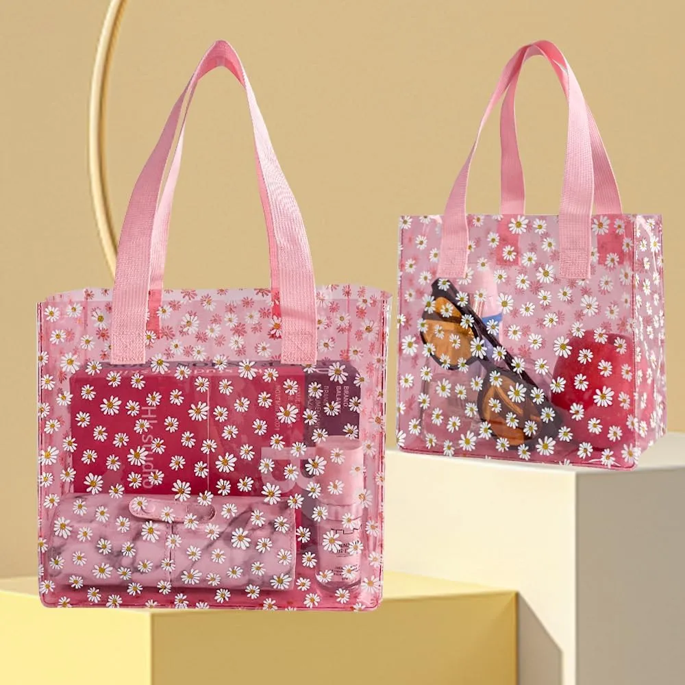 ONEART Daisy Flower PVC Tote Bag, Small Clear PVC Handbag for Beach Vacation Shopping, Waterproof Purse Bag