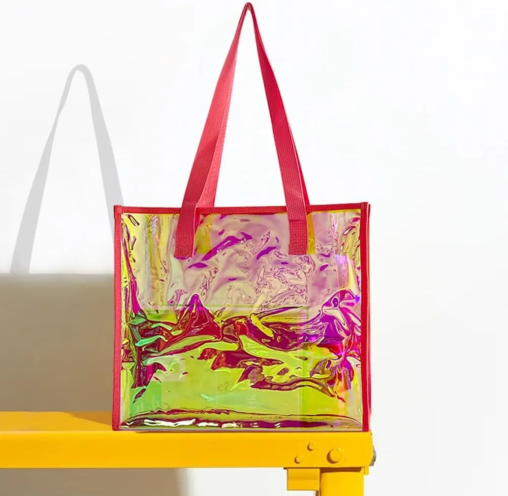 ONEART Iridescent Clear Tote Bag, Fashion Holographic Waterproof Beach Bag, Shoulder Handbag for Shopping, Gym, Travel