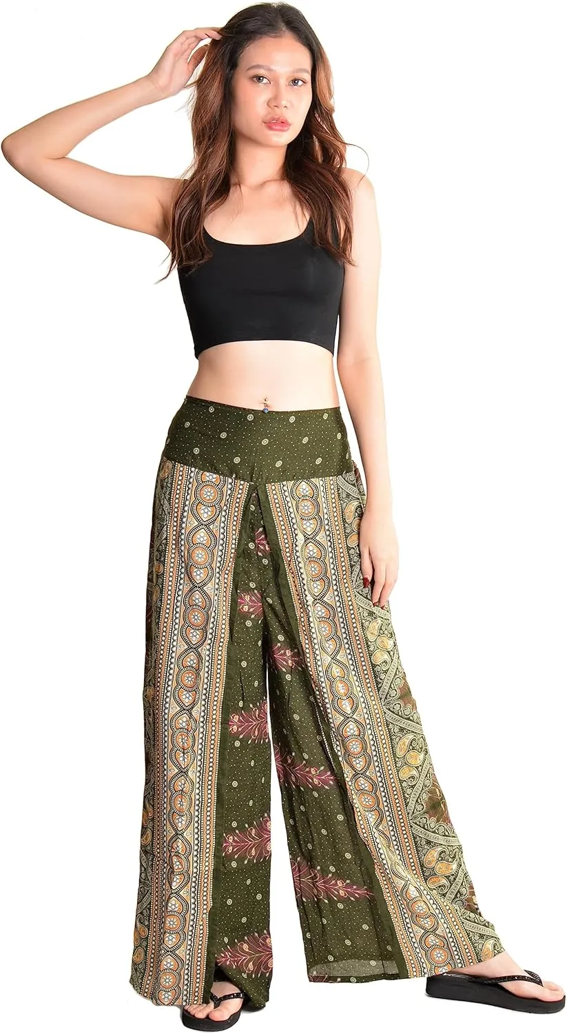 Orient Trail Womens Palazzo Slit Leg Wide Leg Wrap Pants Casual Beach Boho Hippie Bohemian Pilates Flowy Pants Sizes 2-18