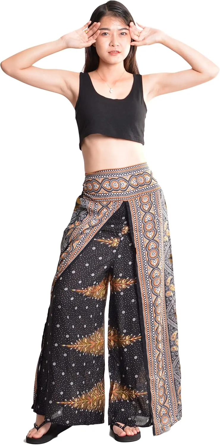 Orient Trail Womens Palazzo Slit Leg Wide Leg Wrap Pants Casual Beach Boho Hippie Bohemian Pilates Flowy Pants Sizes 2-18
