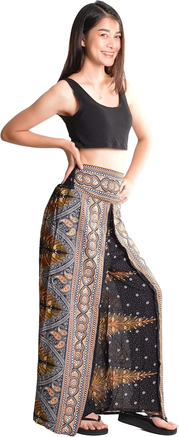 Orient Trail Womens Palazzo Slit Leg Wide Leg Wrap Pants Casual Beach Boho Hippie Bohemian Pilates Flowy Pants Sizes 2-18