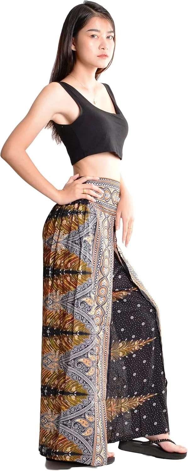 Orient Trail Womens Palazzo Slit Leg Wide Leg Wrap Pants Casual Beach Boho Hippie Bohemian Pilates Flowy Pants Sizes 2-18