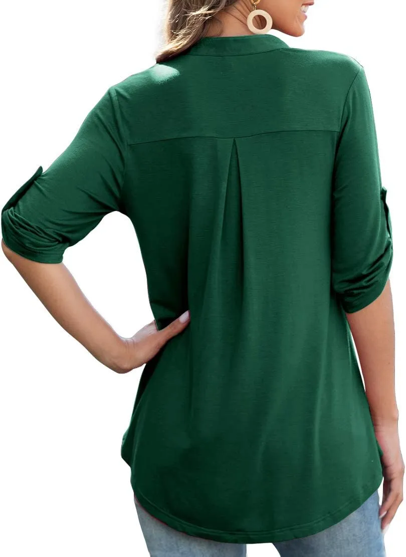 Othyroce Womens Floral Printed Tunic Tops 3/4 Roll Sleeve V Neck Blouses Long Sleeve Shirts for Women
